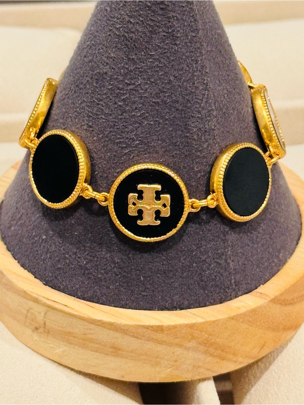 NWT Tory Burch Gold & Black Enamel Logo Station Bracelet